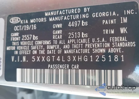 2017 Kia Optima Lx из США, поврежденный, VIN 5XXGT4L3XHG125181